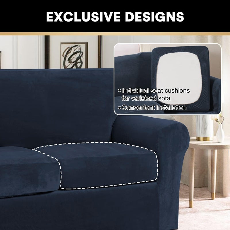 PrinceDeco Velvet Couch Covers for Sofa Soft 4 Pieces Couch Covers for 3 Cushion Couch Sofa Pet Friendly Furniture Protector with Non Slip Elastic Bottom Width Up to 90 Inch (Large, Navy) - Image 5